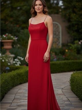 Panoply Red Spaghetti-Strap Maxi Gown with Beaded Bodice‎ CRYSTALINA Swarovski